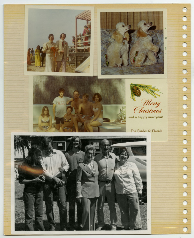 Image of a bride and a groom at their wedding. Image of two small poodles on a couch. Christmas card from the Purdy family. Image of Evelyn and Donald "Don" E. Crabtree smiling with friends.