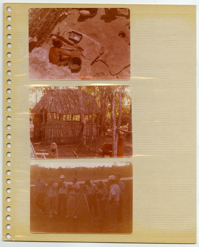 Image of Donald "Don" E. Crabtree in a large archaeological unit. Image of a wood and grass hut. Image of a group of people with cameras. All images are tinted red.