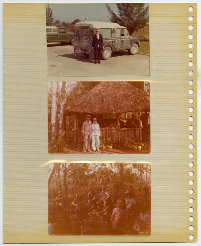 Image of Evelyn Crabtree standing next to an ATV. Image of Evelyn and Donald "Don" E. Crabtree standing together next to a grass hut. A group of people sitting in a circle.