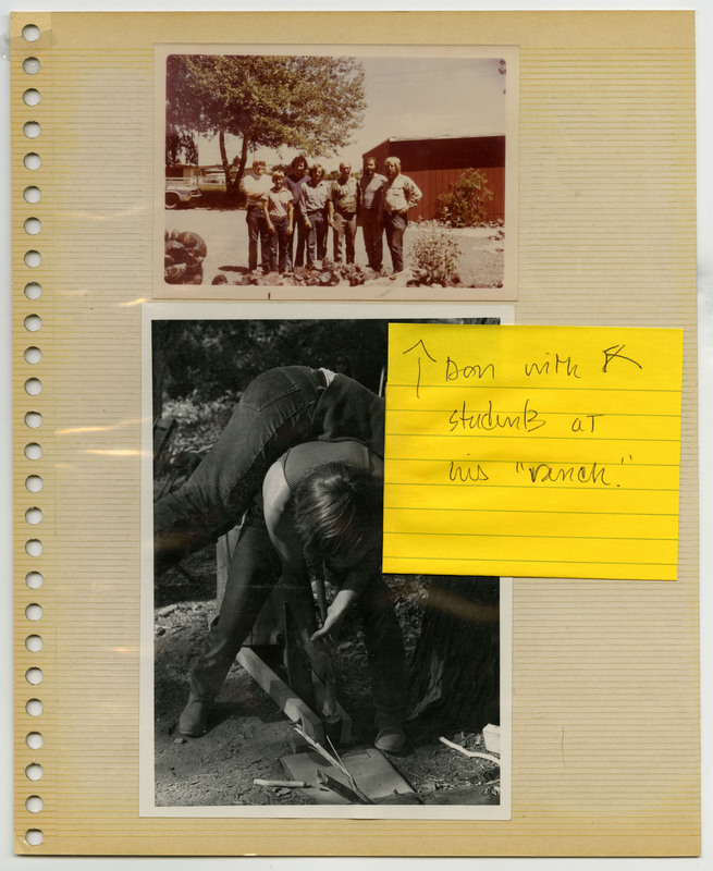 Image of Donald "Don" E. Crabtree with a group of students at his "ranch"-- an accompanying note labels this photo. Image of two students using a flintknapping wedge dubiously.