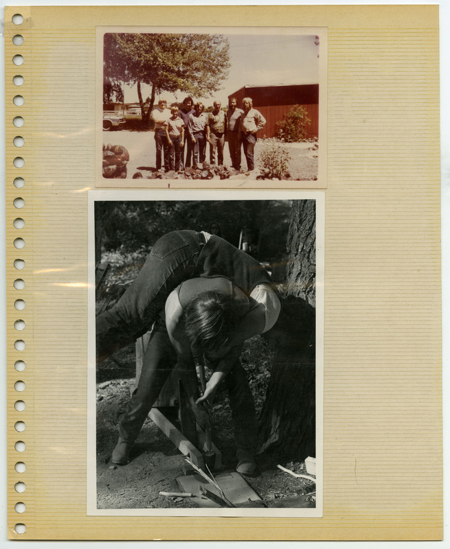 Image of Donald "Don" E. Crabtree with a group of students at his "ranch". Image of two students using a flintknapping wedge dubiously.