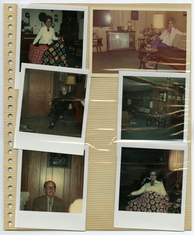 Image of Evelyn Crabtree holding an Afghan quilt she made. Image of Evelyn Crabtree sitting in her living room. Image of Evelyn Crabtree sitting on a rocking chair. Image of a living room. Image of Donald "Don" E. Crabtree sitting up against a wall. Image of Evelyn Crabtree laying under an Afghan quilt she made.