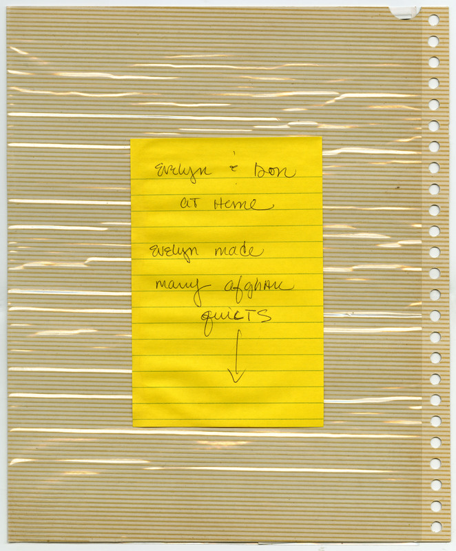 Image of a note that reads "Evelyn and Don at home. Evelyn made many Afghan quilts", in regards to the pictures on the other side of the page.