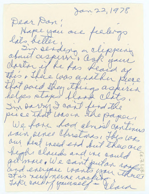 Letter from Clara Meadows to Don Crabtree hoping that he is feeling better. Enclosed is a newspaper clipping on the benefits of aspirin, which Clara included in case it may help Don.