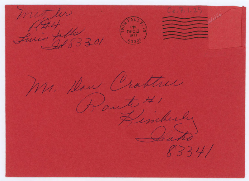 Red envelope addressed to Don Crabtree-- it was sent from Twin Falls, but there isn't a sender's name.