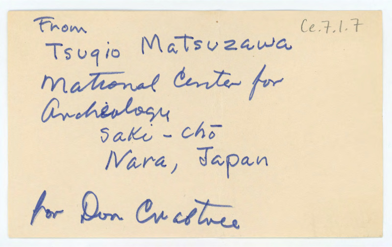 Handwritten note from Tsugio Matsuzawa to Don Crabtree. The note is labelled to Crabtree and has Matsuzawa's address.