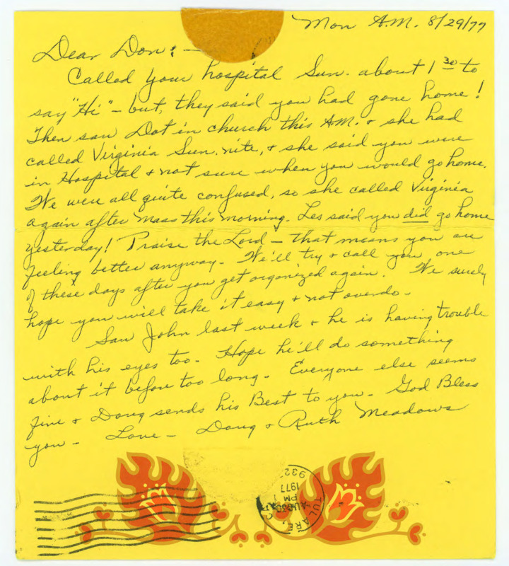 Card from Doug and Ruth Meadows to Don Crabtree hoping that he's recovering from his operation well.