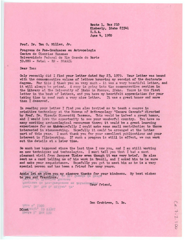 Letter from Don Crabtree to Tom Miller thanking him for his letter commemorating his doctorate and for the opportunity to teach a course at the Camara Caseudo.