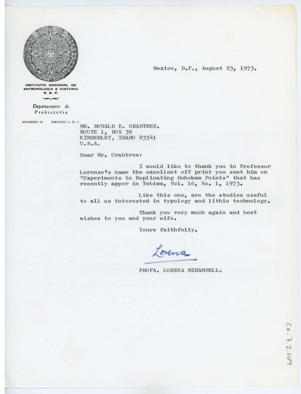 Letter from Lorena Mirambell to Don Crabtree thanking him on behalf of Jose Lorenzo for an article he sent to them from the Tebiwa.