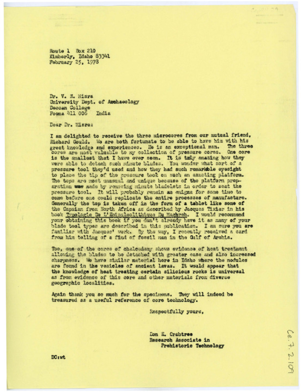 Letter from Don Crabtree to V.N. Misra regarding a gift of three microcores from their mutual friend, Richard Gould.