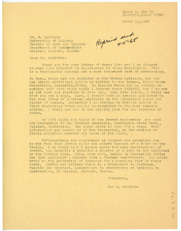 Letter from Don Crabtree to V. Markotic regarding acquiring Tebiwa articles and related reading. Additionally, he apologizes for the conference in Calgary being cancelled.