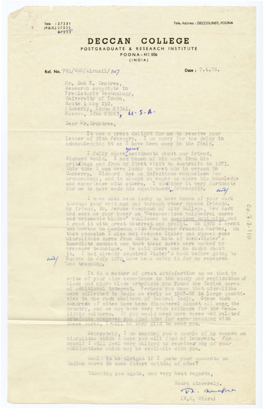 Letter from V.N. Misera to Don Crabtree regarding the work of Richard Gould and others, including Donald Crabtree. Misera adds that they'll be sending Crabtree a few of their own papers on microlithics and asks if he would be alright with being quoted in their future works.