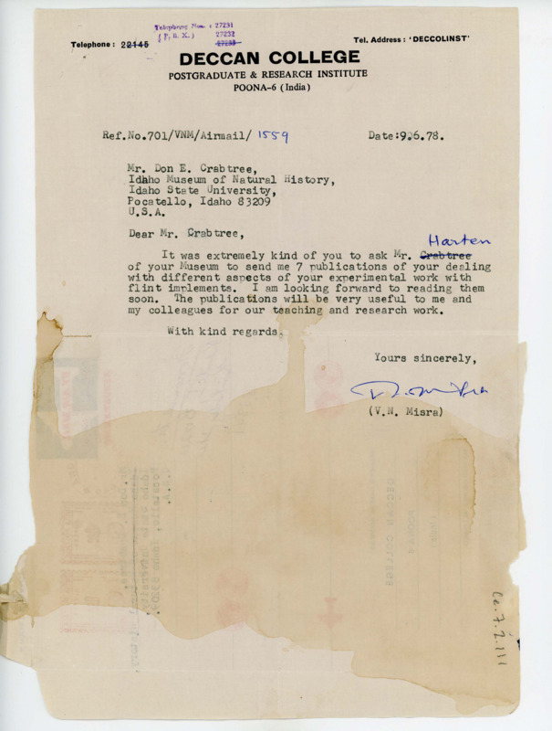 Letter from V.N. Misra to Don Crabtree thanking him for sending publications of his experiments with flint.