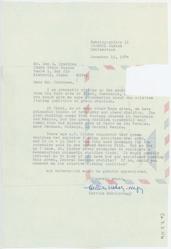 Letter from Hattula Moholy-Nagy to Don Crabtree asking for information on the properties of different kinds of obsidian.