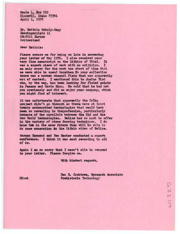 Letter from Don Crabtree to Hattula Moholy-Nagy regarding the latter's manuscript on the "Lithics of Tikal" and the failed Colha project.