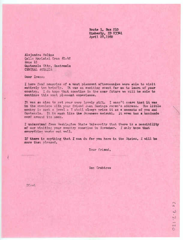 Letter from Don Crabtree to Alejandra Molina, who he addresses as "Irene". He thanks her for hosting him during his visit and for the gift from her he received through the mail.