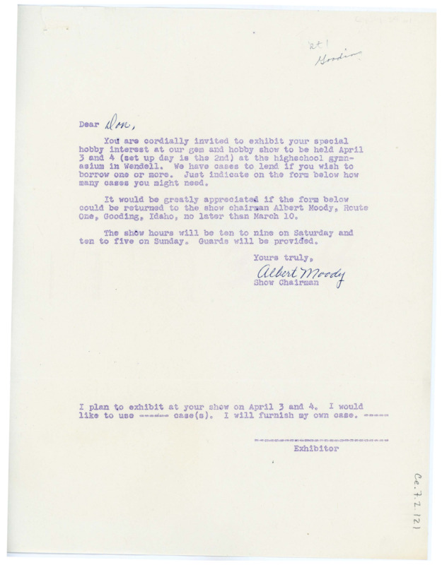 Letter from Albert Moody to Don Crabtree inviting him to run an exhibit at their gem and hobby show.