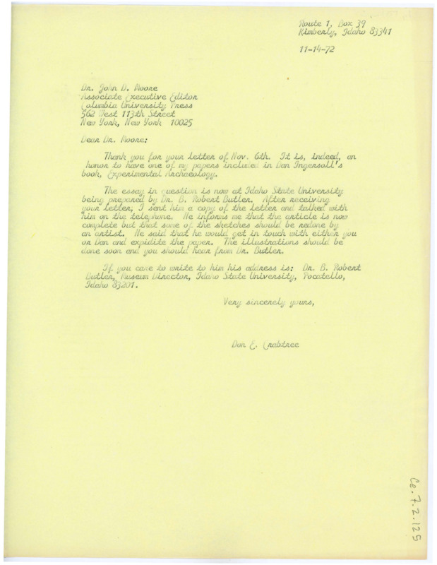 Letter from Don Crabtree to John D. Moore regarding progress on his essay for "Experimental Archaeology".