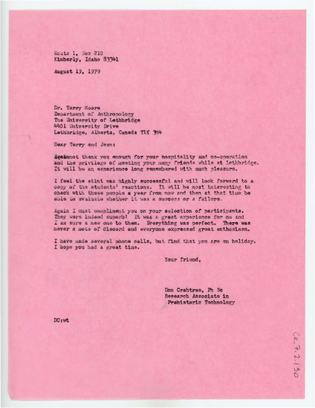 Letter from Don Crabtree to Terry Moore and Jean thanking them for their hospitality during his time at the University of Lethbridge teaching a summer course on experimental archaeology.