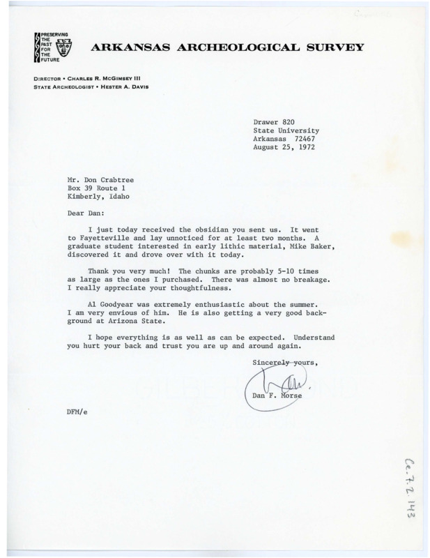 Letter from Dan F. Morse to Don Crabtree thanking him for his obsidian shipment, adding he is jealous of Al Goodyear who was able to attend Crabtree's field school.