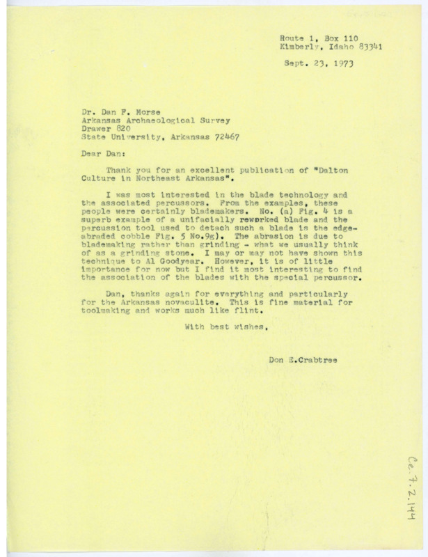 Letter from Don Crabtree to Dan F. Morse complimenting his recent publication. Crabtree goes over a few of its topics, and thanks Morse for the novaculite shipment.