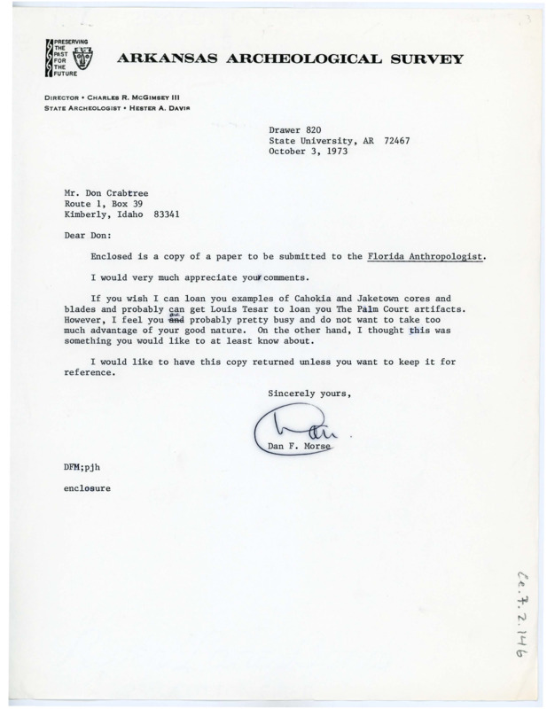 Letter from Dan F. Morse to Don Crabtree asking him to look over a paper Morse intends to submit to the Florida Anthropologist. The paper was originally enclosed in the same letter.