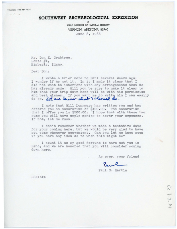 Letter from Paul S. Martin to Don Crabtree asking him to confirm plans made with Earl Swanson. He adds that he has offered Crabtree a $200 honorarium to cover travel costs.