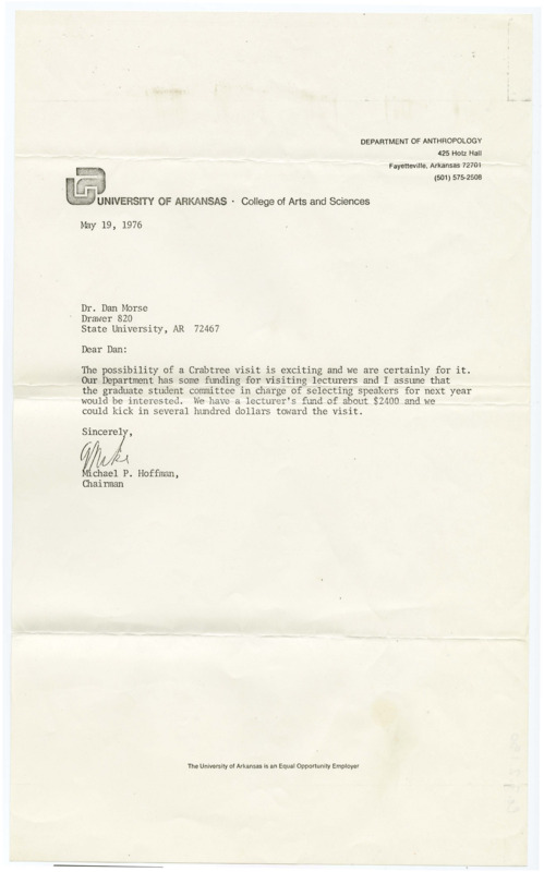 Letter from Michael P. Hoffman to Dan F. Morse discussing arranging a visitor lecturer fund for Don Crabtree.