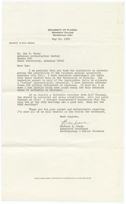 Letter from Barbara A. Purdy to Dan F. Morse thanking him for looking into sending Don Crabtree to multiple universities to lecture.