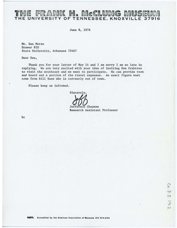 Letter from Jefferson Chapman to Dan F. Morse discussing boarding and travel expense options for Don Crabtree's visit.