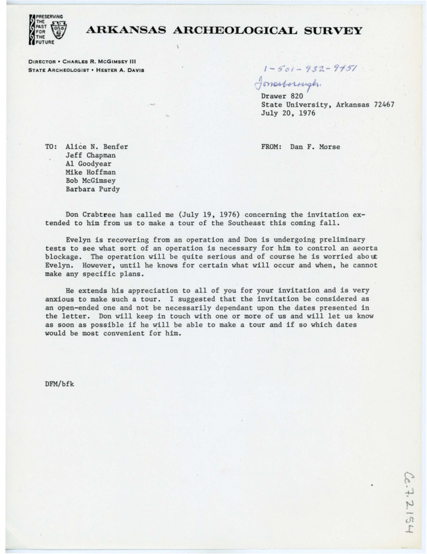 Letter from Dan F. Morse to Al Goodyear, Barbara Purdy, Jefferson Chapman, Alice Benfer, Barbara Purdy, and Mike Hoffman informing them of Don and Evelyn's current health concerns impacting their ability to tour the Southeast US. He adds that despite that, Don was extremely appreciative of the offer.