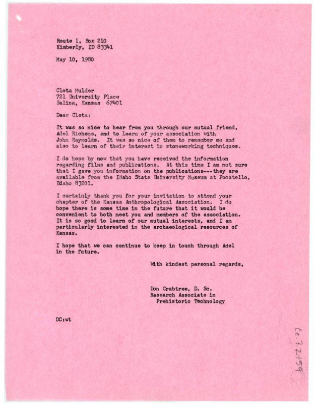 Letter from Don Crabtree to Cleta Mulder hoping that she has now received access to his films and publications, and is grateful for her invitation to meet the members of her organization, the Kansas Anthropological Association.