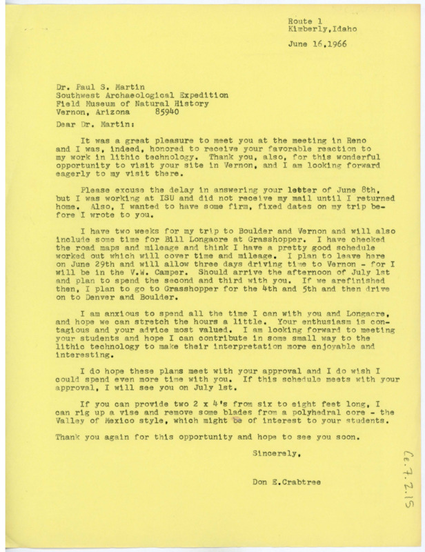 Letter from Don Crabtree to Paul S. Martin who says he is eager to visit Martin's archaeological site in Vernon, Arizona.