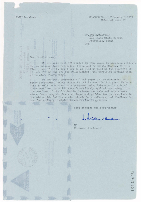 Letter from H. Müller-Beck to Don Crabtree asking for reprints of Crabtree's paper, Mesoamerican Polyhedral Cores and Prismatic Blades.