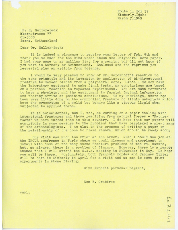 Letter from Don Crabtree to H. Müller-Beck regarding sending a reprint of his article to him, and asking for Kerckhoff's reaction to it.