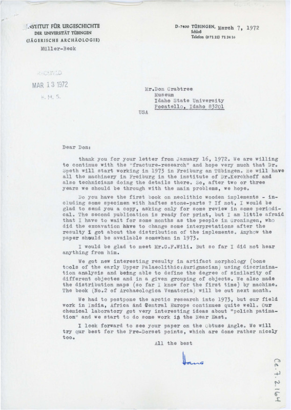 Letter from H. Müller-Beck to Don Crabtree