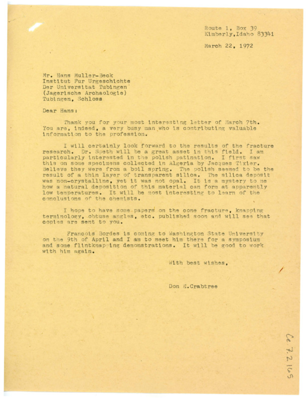 Letter from Don Crabtree to H. Müller-Beck thanking him for his updates on his research and states that he is looking forward to more contributions in the field, from others and himself.