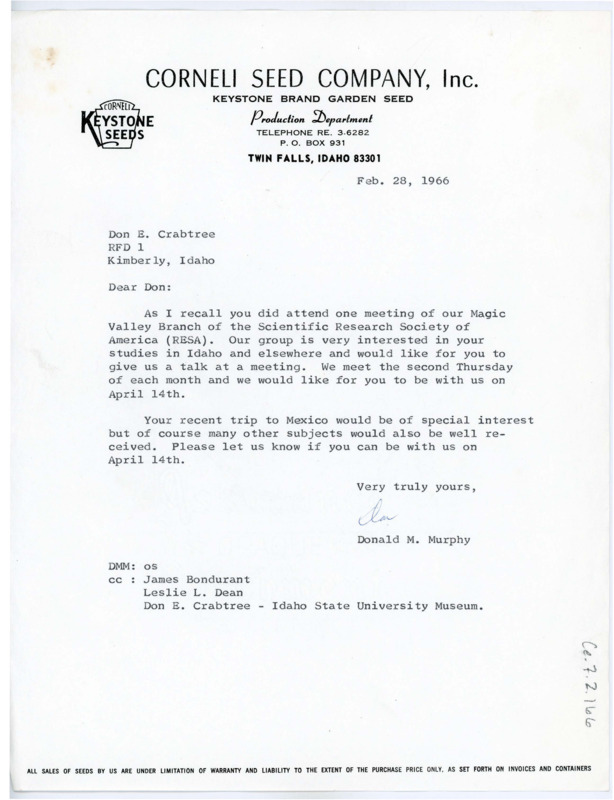 Letter from Donald M. Murphy to Donald Crabtree asking if Crabtree would give a talk on his studies for a meeting of the Magic Valley Branch of Scientific Research Society of America.