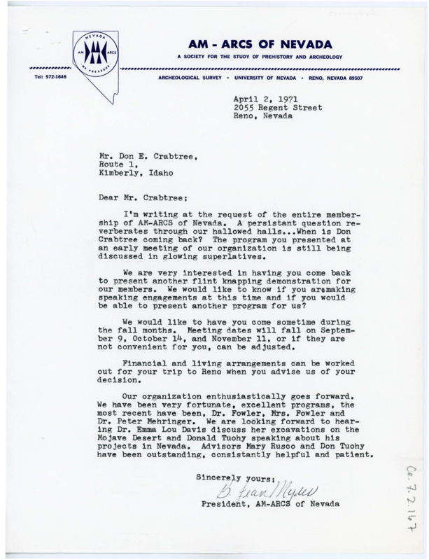 Letter from B. Jean Myles to Don Crabtree asking if he may come back to the AM-ARCS of Nevada and give another demonstration on flintknapping; she includes tentative dates and financial compensation.