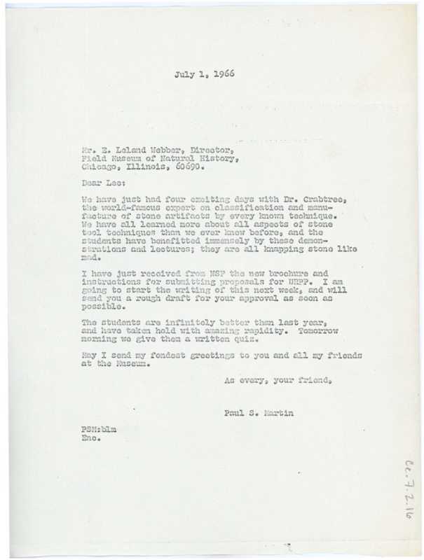 Letter from Paul S. Martin to Leland "Lee" Webber informing him of his exciting visit with Don Crabtree at his field school.