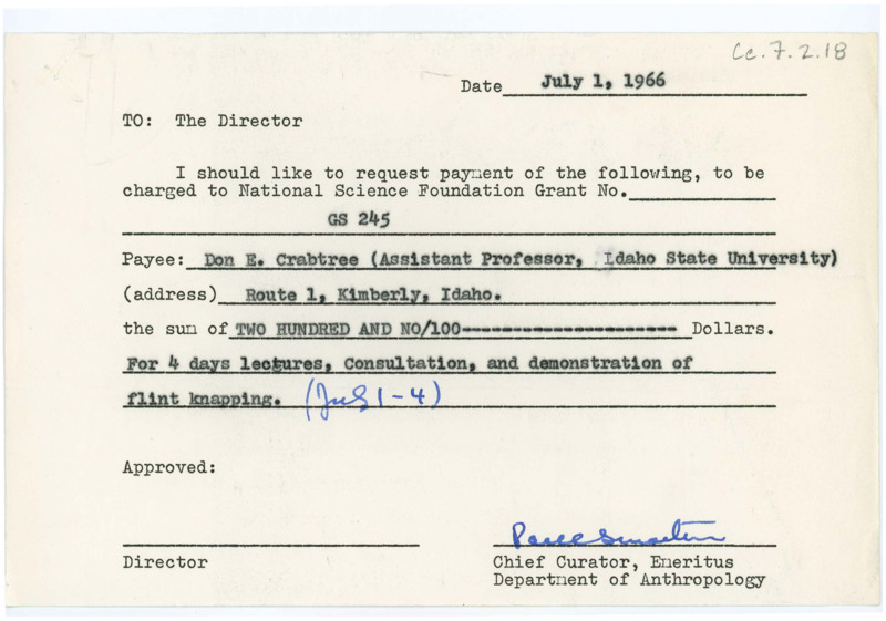 A request for payment for Donald Crabtree's National Science Foundation grant. The request from Paul S. Martin is now waiting for director approval.