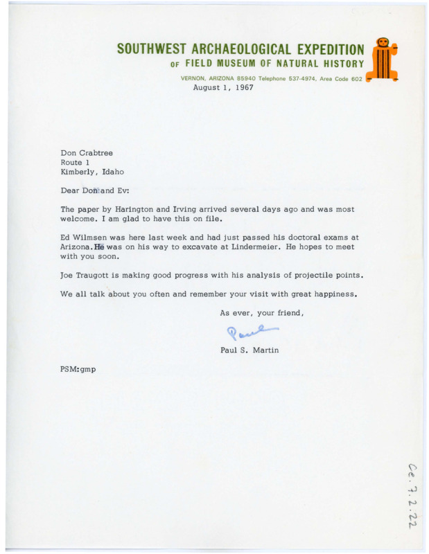 Letter from Paul S. Martin to Don and Evelyn Crabtree catching them up on the accomplishments of their colleagues. Martin says that they all remember their recent visit fondly.