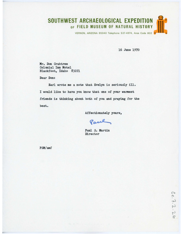 Letter from Paul S. Martin to Don Crabtree giving him his best wishes for Evelyn Crabtree's health.