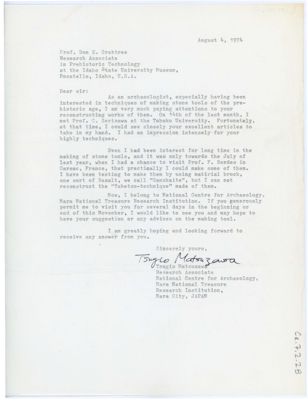 Letter from Tsugio Matsuzawa to Don Crabtree introducing himself and his lithic research, asking if it would be possible to visit Crabtree to get his professional opinions on his work.