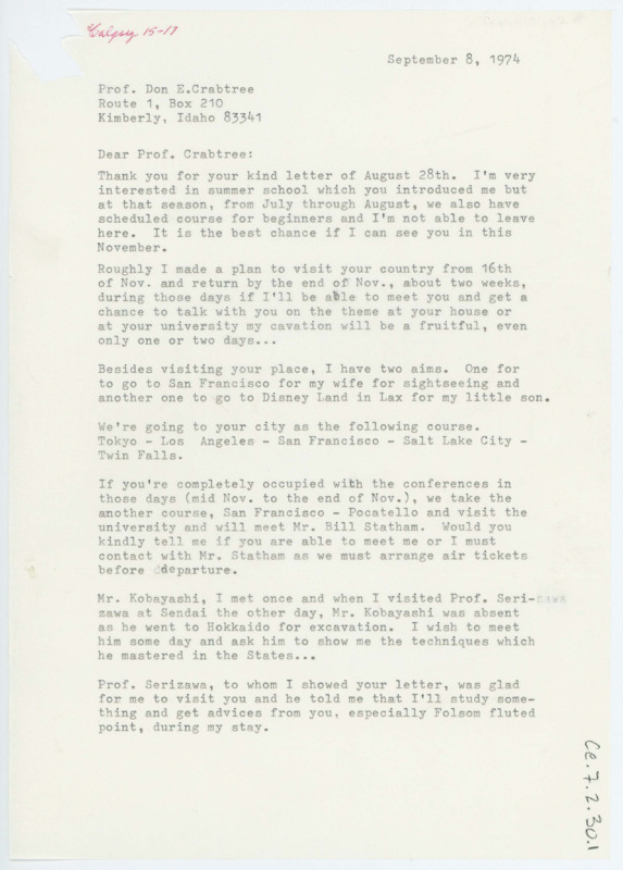 Letter from Tsugio Matsuzawa to Don Crabtree regarding plans to travel to America to visit with him.