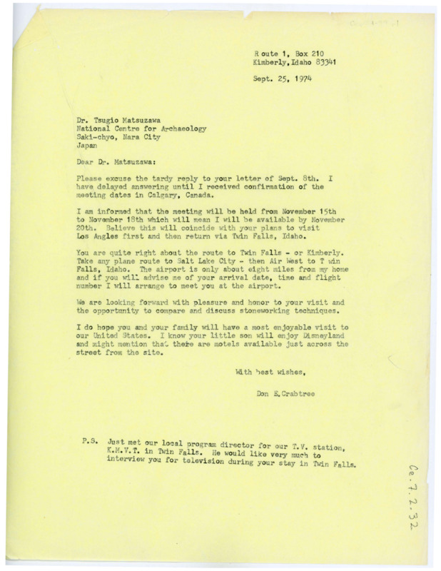 Letter from Don Crabtree to Tsugio Matsuzawa regarding finalizing their schedule from Matsuzawa to visit him in Kimberly. He also informs Matsuzawa that a local program director would love to interview him during his stay.