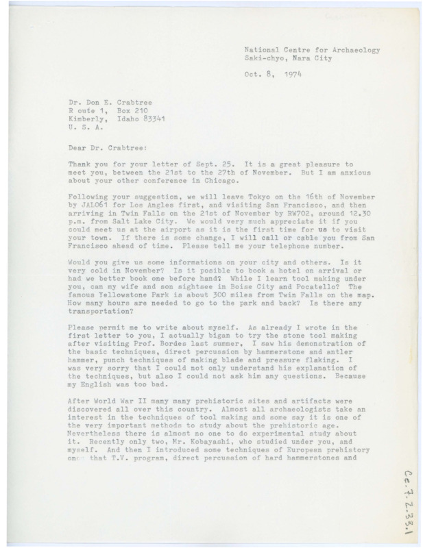 Letter from Tsugio Matsuzawa to Don Crabtree asking for information on the cities he plans to go through to make it to Kimberly, such as local weather, hotel reservations, etc. He also includes more about himself, his profession, and why he decided to pursue it. This is the first page of this letter.