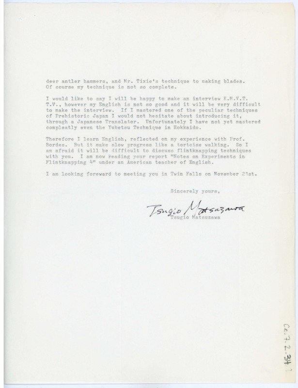 Letter from Tsugio Matsuzawa to Don Crabtree asking for information on the cities he plans to go through to make it to Kimberly, such as local weather, hotel reservations, etc. He also includes more about himself, his profession, and why he decided to pursue it. This is the second page of this letter.