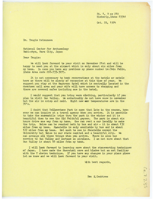 Letter from Don Crabtree to Tsugio Matsuzawa giving more information on him, the trip, etc. He says he is looking forward to his visit.