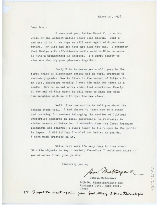 Letter from Tsugio Matsuzawa to Don Crabtree sending his family's condolences for the death of Evelyn Crabtree. He updates Crabtree on his son, Mito, and talks about recent successes in his own work. He hopes to meet with Crabtree again soon.